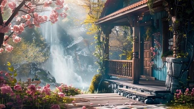 Spring Porch Ambience ☀️🌷 Nature Sounds, Waterfall, Birdsong Soundscape And Cottagecore