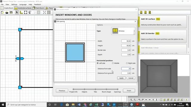 Select room shape and define openings windows  doors