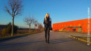 DANA LABO 4K VIDEO - outfit leather dress, jacket, gloves, boots over knee high heels, 3d leggings