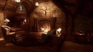 Проливной дождь с громом стучит по соломенной крыше уютной комнаты с теплым камином