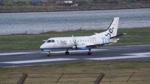 Extreme Headwind landing SAAB 340 of Flybe at Sumburgh Airport, Shetland