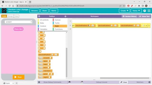 Random Color Changer App on code.org (App Lab)