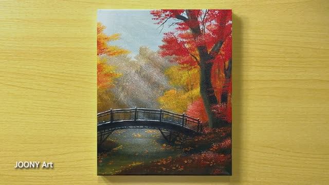 Осенний пейзаж с мостиком в лесу / Акриловая живопись для начинающих смотреть онлайн