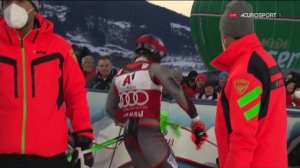 Henrik Kristoffersen kicks a trash can in frustration Flachau 2022