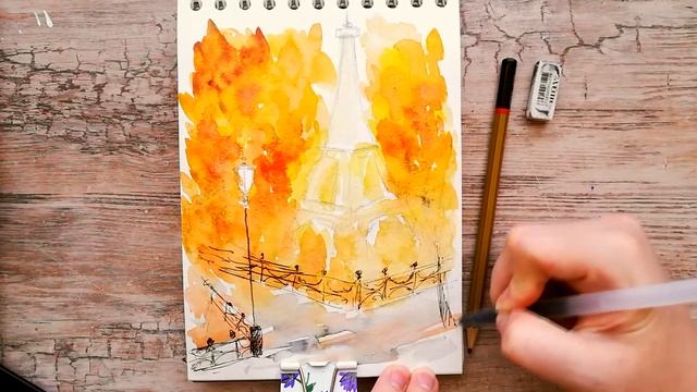 Как нарисовать ОСЕНЬ В ПАРИЖЕ акварелью | Рисуем поэтапно Эйфелеву башню | Акварельный скетчинг
