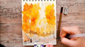 Как нарисовать ОСЕНЬ В ПАРИЖЕ акварелью | Рисуем поэтапно Эйфелеву башню | Акварельный скетчинг