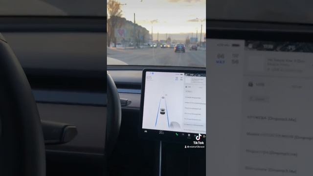 Тесла на автопилоте едет по городу Брест Беларусь