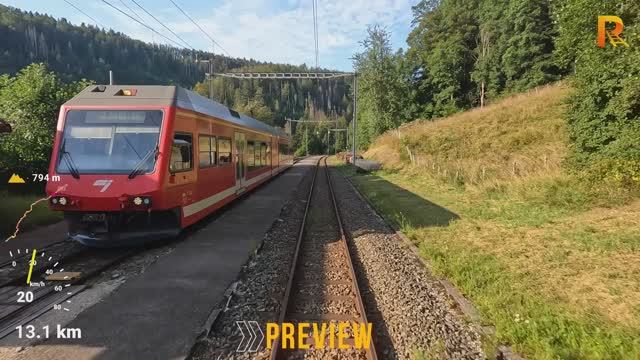 Гловелье - Ла-Шо-де-Фон (железные дороги Юры, Швейцария) вид машиниста поезда в формате 4K
