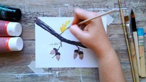 Как нарисовать ОСЕНЬ, ЛИСТЬЯ ДУБА и ЖЁЛУДИ на ветке акрилом | Простой урок рисования