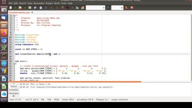 CSC-134,  C++ Programming,  Demonstration: Using linear search (algorithms) to process 3 arrays