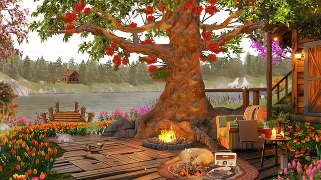 " Spring Vibes "  Relax under the Spring Trees by Cozy Porch - Calm River with Early Birdsong Sound