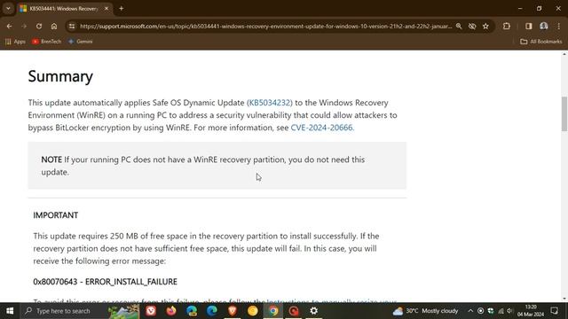 Windows 10 KB5034441: PC's without a WinRE recovery partition do NOT need this Update