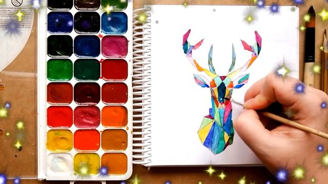 Как нарисовать ОЛЕНЯ акварелью | Геометрический рисунок | Урок рисования животных | Скетч