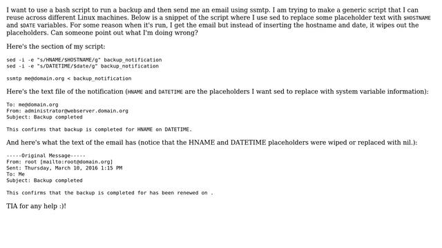 Using sed in BASH script: replace text with info from system variables (hostname and date)