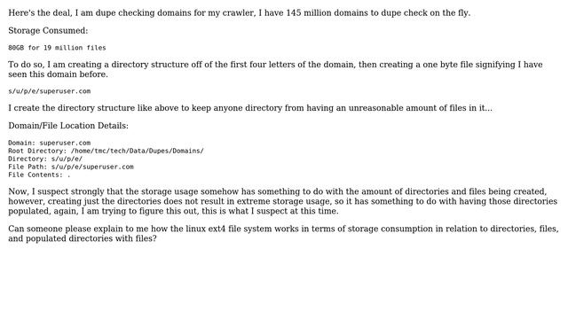 Linux Ext4 Filesystem Explanation Needed, 19 million One byte files equals 80+GB?