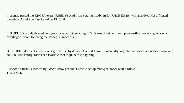 Unix: In RHEL 9, SSH root login is not permitted. How do I set up managed nodes with Ansible? смотреть онлайн