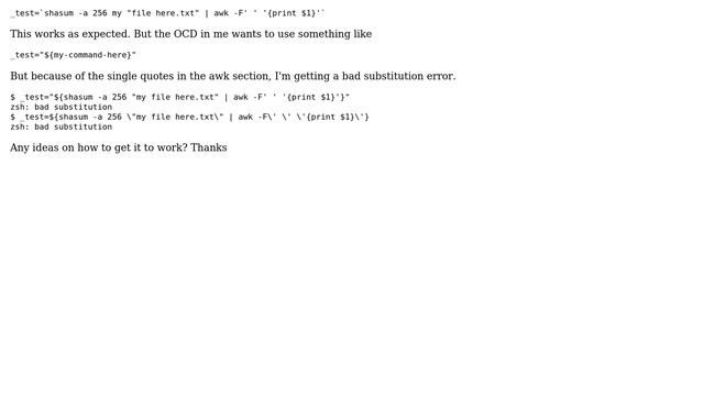 Unix & Linux: ZSH: how to escape the following command (variable assignment)?