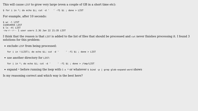 Unix & Linux: exclude target redirection file from being processed in for loop (2 Solutions!!)