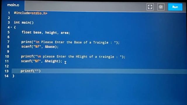 C  Program to find the Area of Triangle using Base and Height