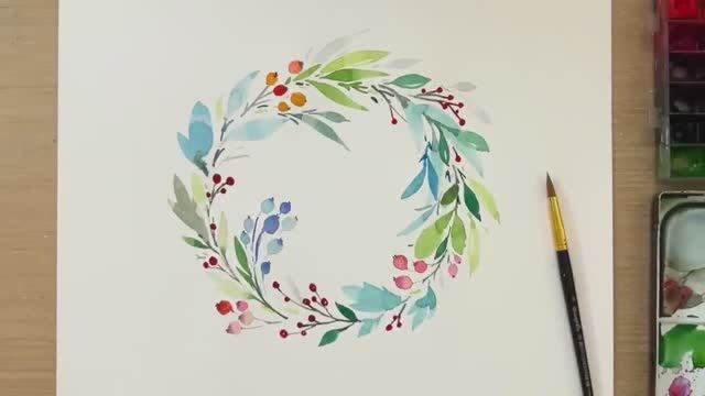 Изящная и простая композиция из листьев акварелью / Акварельная открытка смотреть онлайн