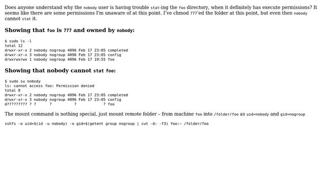 Unable to stat SSHFS mount unless root смотреть онлайн