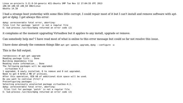 Ubuntu: files list for package 'patch' is not a regular file