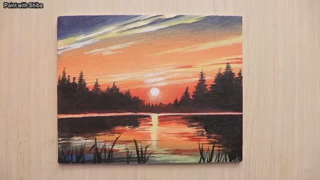 Пейзаж с закатом на озере / Урок акриловой живописи для начинающих смотреть онлайн
