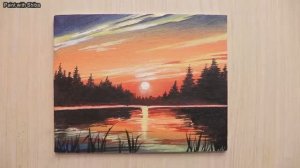 Пейзаж с закатом на озере / Урок акриловой живописи для начинающих