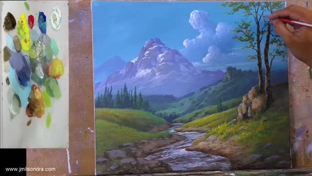 Рисуем фэнтэзийный пейзаж с горной речкой / Продвинутый урок акриловой живописи смотреть онлайн