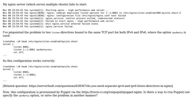 Unix & Linux: Remove "ipv6only" option from Puppet nginx module смотреть онлайн
