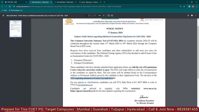 TISS CUET PG 2024 - Latest Update | New Exam Center Added | Correction Window Date?