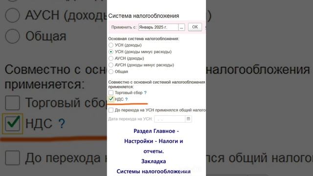 Как установить ставку НДС при УСН с 2025 г. в 1С Бухгалтерия 8