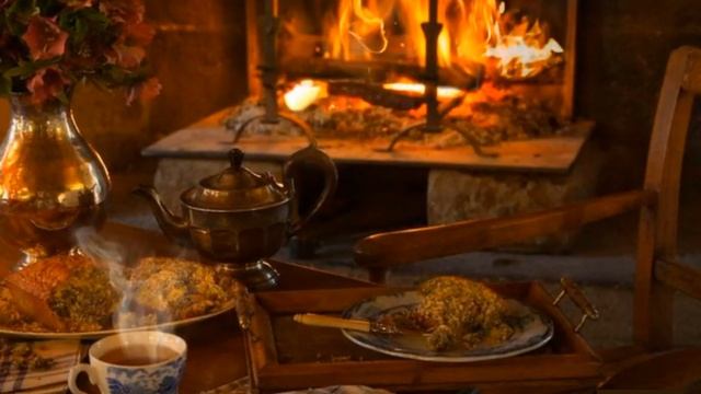  Cozy tea time with crackling fire place 