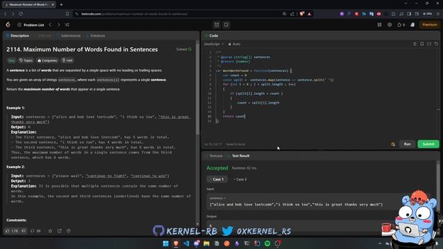 Maximum Number of Words Found in Sentences - LeetCode with Python, Rust, and JavaScript