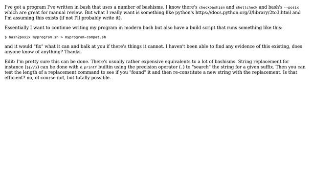 Unix & Linux: Is there a Bash to POSIX 1003.2(a) transpiler? смотреть онлайн