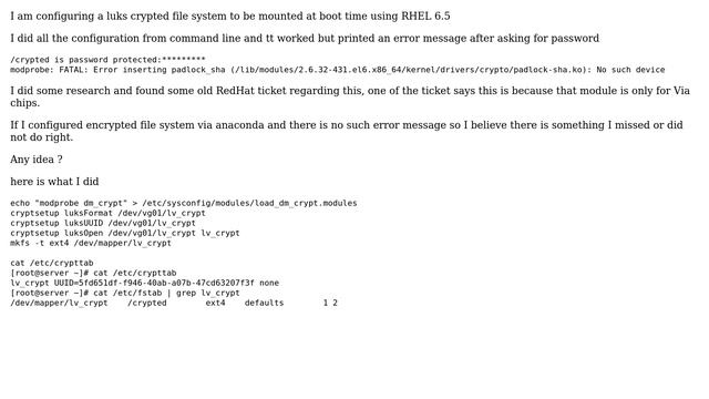 Unix & Linux: RHEL Error message mounting luks crypted filesystem at boot смотреть онлайн