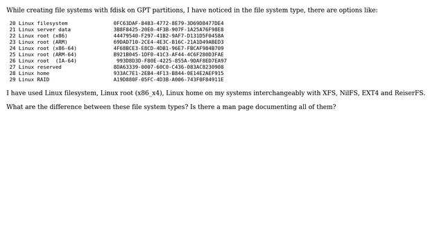 What are the differences between Linux filesystem, Linux server data, Linux root, Linux reserved...
