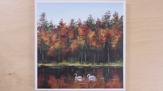 Осенний пейзаж с лебедями на озере / Урок акриловой живописи для начинающих смотреть онлайн