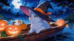 Пушистый Перевозчик Тыкв на  Хэллоуин - A Witch’s Cat in a Pumpkin Boat - Живые Обои