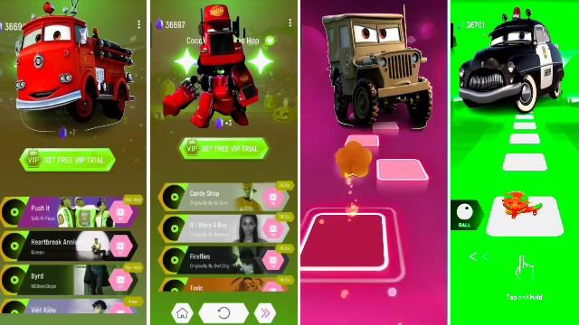 Red Firetruck Tow Mater 🆚Mack Truck Eater 🆚 McQueen Army Jeep 🆚 McQueen Sheriff EaterTilesHopGaming