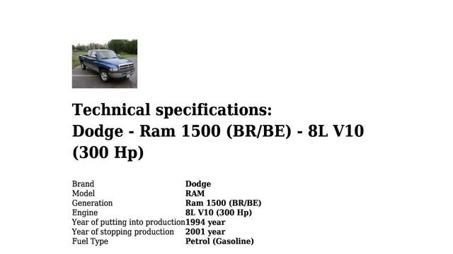 Dodge - Ram 1500 (BR/BE) - 8L V10 (300 Hp) - Technical specifications смотреть онлайн
