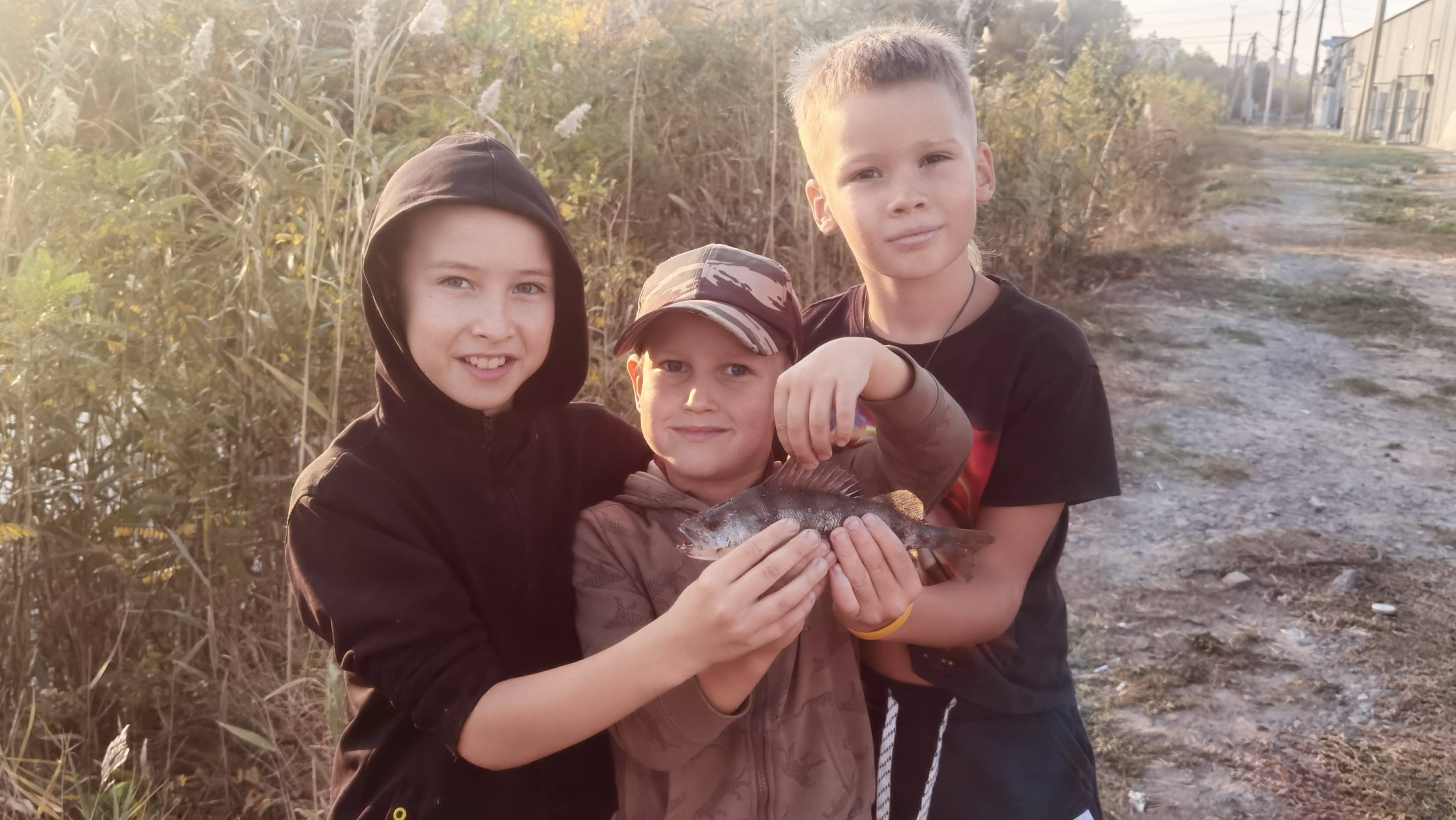 Complex, autumn fishing with children of a predator (pike, perch) on live bait with a float rod.