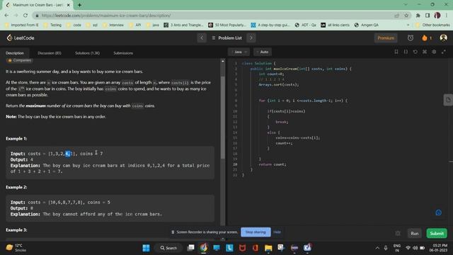 Maximum Ice Cream Bars #array  #loops #javainterview #arraylist #javaprogramming #greedyalgorithm