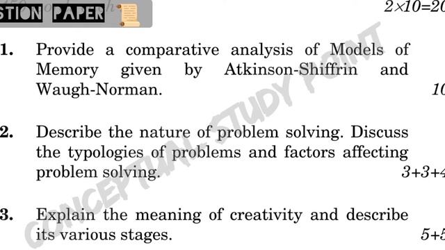 Cognitive Psychology Learning And Memory Previous Year Question paper MA Psychology MPC 001
