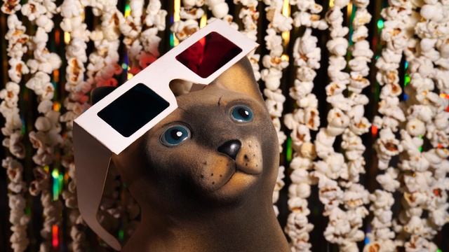 Гипсовый кот в 3D очках. На заднем плане расфокусированный фон из гирлянд попкорна и золотой мишуры смотреть онлайн