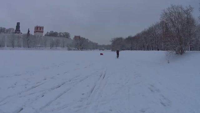 Новодевичий пруд в Москве зимой.  Лыжи 2021