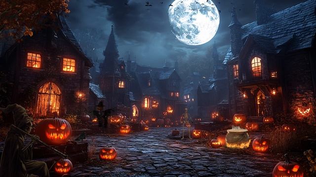 Medieval Halloween Night Village： with Dark Piano and Crackling Fire for a Gloomy Atmosphere