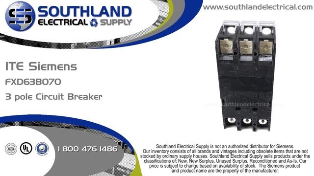 ITE Siemens FXD63B070, 70 Amp, 600 Volt, 3 Pole Circuit Breaker смотреть онлайн