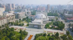 Novosibirsk State Academic Theater of Opera and Ballet. Russia, Aerial View Hyperlapse, Point of in