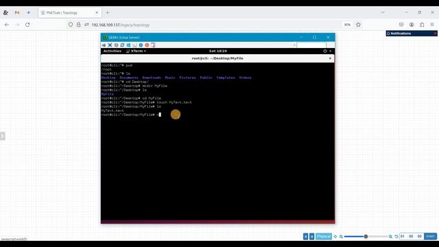 Creating a folder and a text file in an Ubuntu lab, using PNETLab simulation tool 🌐.
